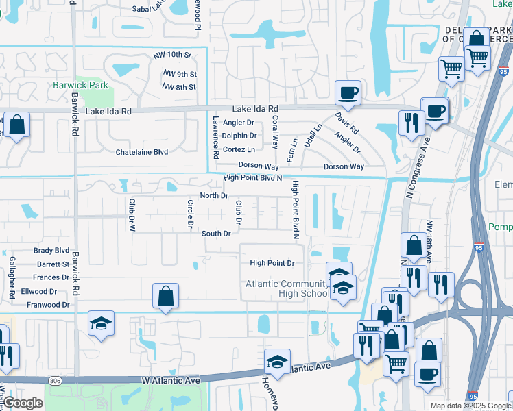 map of restaurants, bars, coffee shops, grocery stores, and more near 822 High Point Drive West in Delray Beach