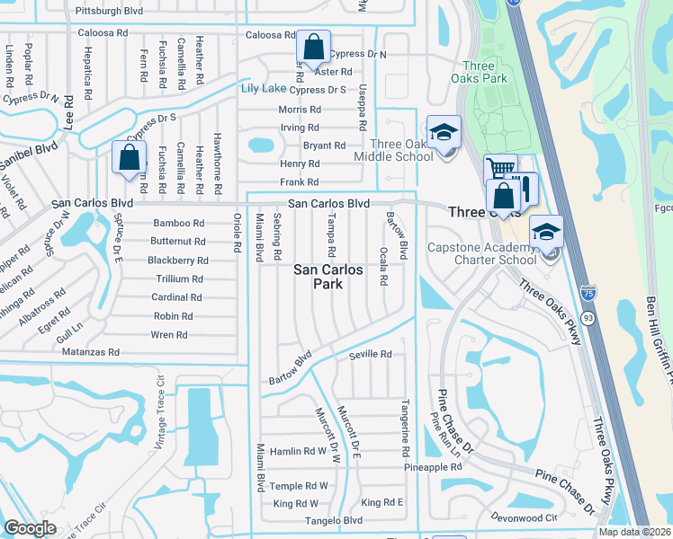 map of restaurants, bars, coffee shops, grocery stores, and more near in San Carlos Park