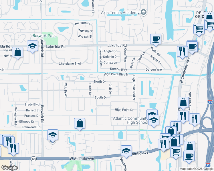 map of restaurants, bars, coffee shops, grocery stores, and more near 892 High Point Boulevard North in Delray Beach