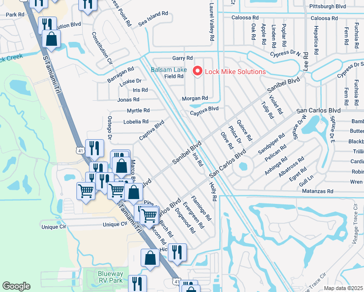 map of restaurants, bars, coffee shops, grocery stores, and more near 18481 Holly Road in Fort Myers