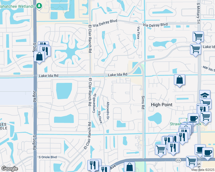 map of restaurants, bars, coffee shops, grocery stores, and more near 14100 Vía Flora in Delray Beach
