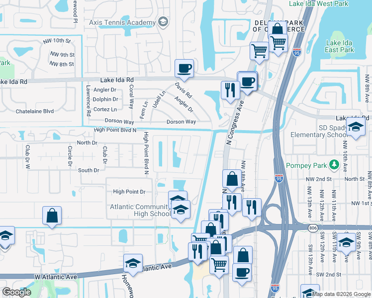 map of restaurants, bars, coffee shops, grocery stores, and more near 342 East Coral Trace Circle in Delray Beach