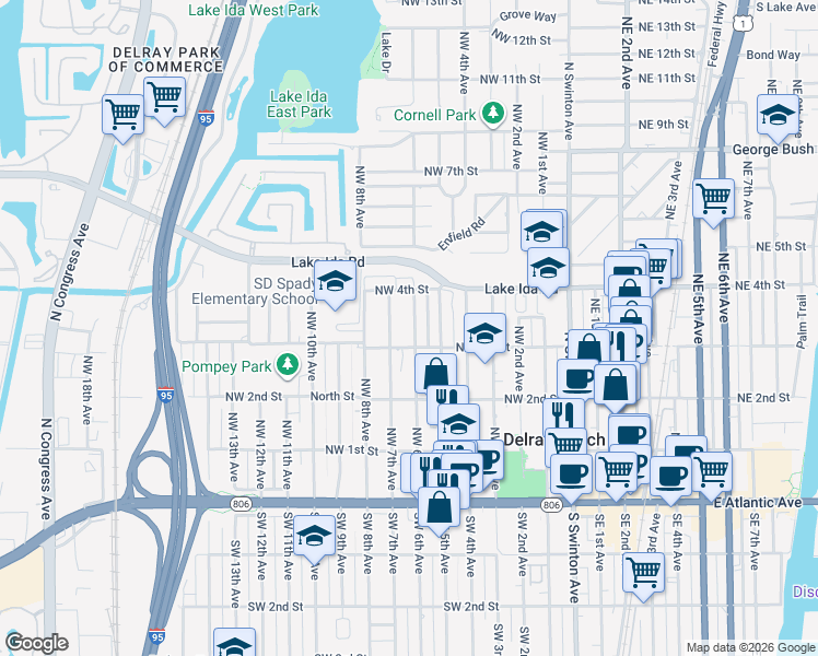 map of restaurants, bars, coffee shops, grocery stores, and more near 309 Northwest 6th Avenue in Delray Beach