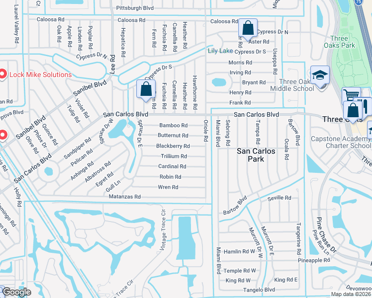 map of restaurants, bars, coffee shops, grocery stores, and more near 8437 Trillium Road in Fort Myers