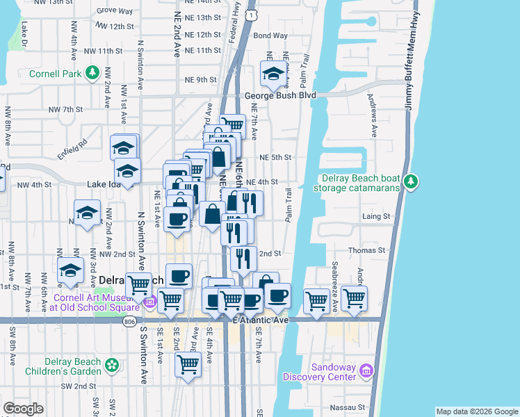 map of restaurants, bars, coffee shops, grocery stores, and more near 306 Northeast 8th Avenue in Delray Beach