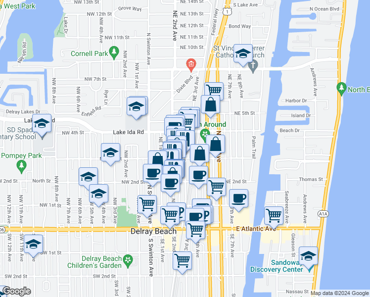 map of restaurants, bars, coffee shops, grocery stores, and more near 337 Northeast 3rd Avenue in Delray Beach