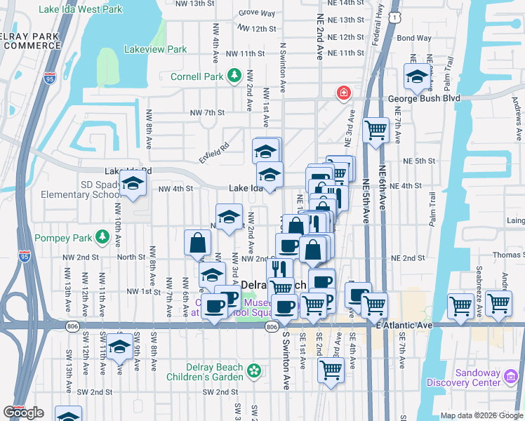 map of restaurants, bars, coffee shops, grocery stores, and more near 312 Northwest 1st Avenue in Delray Beach