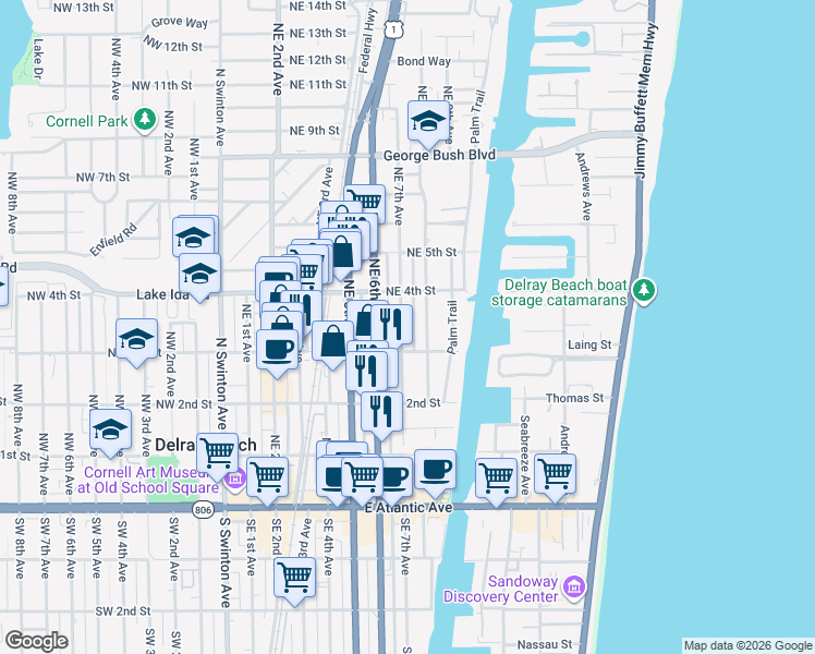 map of restaurants, bars, coffee shops, grocery stores, and more near 306 Northeast 8th Avenue in Delray Beach