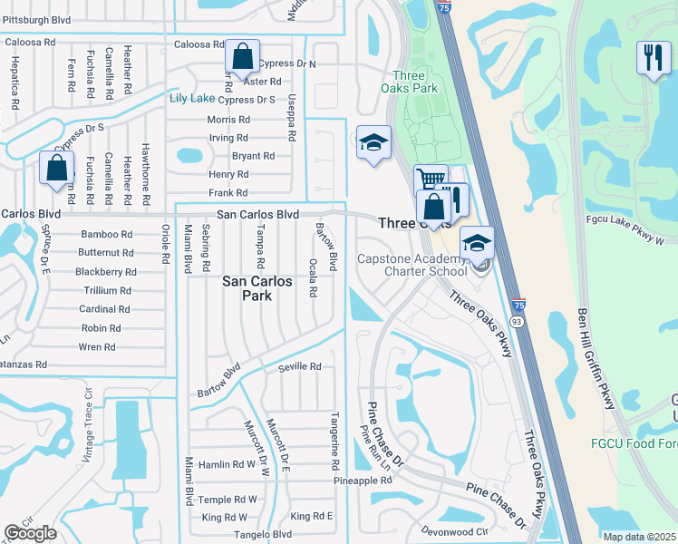 map of restaurants, bars, coffee shops, grocery stores, and more near 9230 Coral Gables Road in Fort Myers