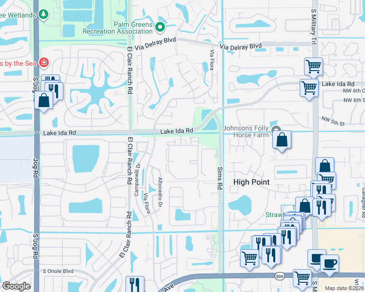 map of restaurants, bars, coffee shops, grocery stores, and more near 5700 Sims Road in Delray Beach