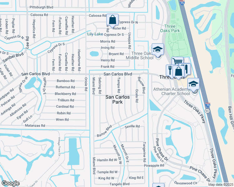 map of restaurants, bars, coffee shops, grocery stores, and more near 18548 Tampa Road in Fort Myers