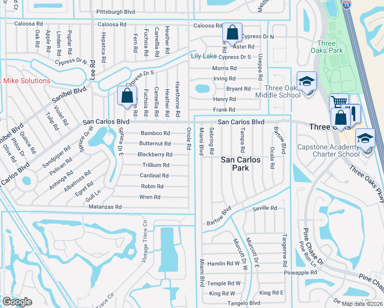 map of restaurants, bars, coffee shops, grocery stores, and more near 18565 Oriole Road in Fort Myers