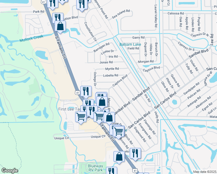 map of restaurants, bars, coffee shops, grocery stores, and more near 7261 Captiva Boulevard in Fort Myers