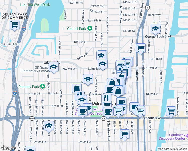 map of restaurants, bars, coffee shops, grocery stores, and more near 300 Grove Place in Delray Beach