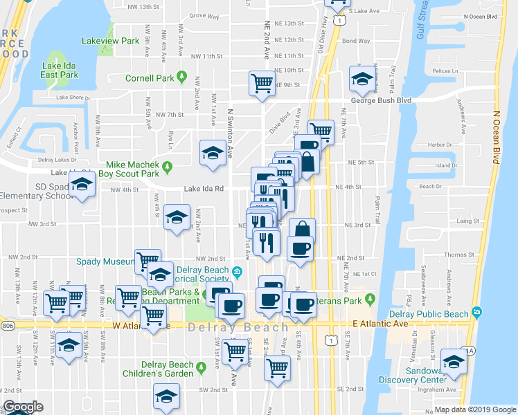 map of restaurants, bars, coffee shops, grocery stores, and more near East Cannery Row Circle in Delray Beach