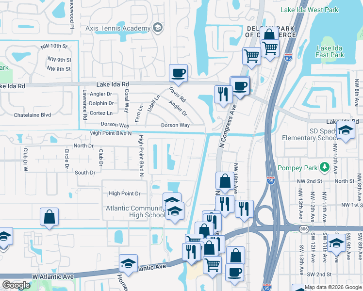 map of restaurants, bars, coffee shops, grocery stores, and more near 390 East Coral Trace Circle in Delray Beach