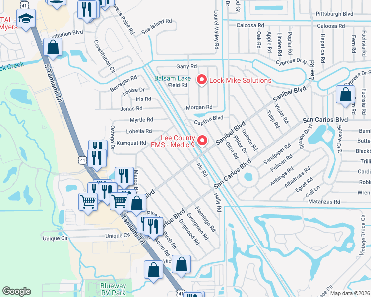 map of restaurants, bars, coffee shops, grocery stores, and more near 18488 Holly Road in Fort Myers