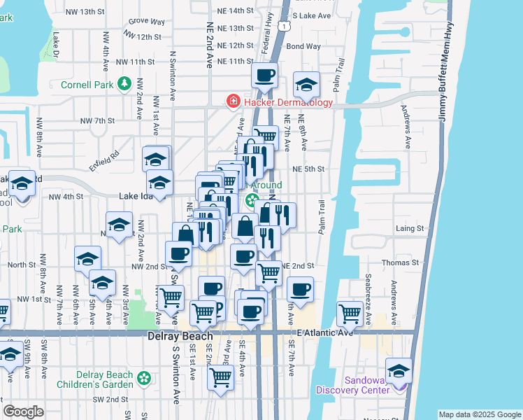 map of restaurants, bars, coffee shops, grocery stores, and more near 398 Northeast 5th Avenue in Delray Beach