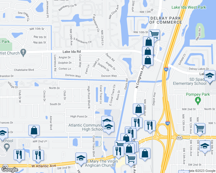 map of restaurants, bars, coffee shops, grocery stores, and more near 308 Coral Trace Court in Delray Beach