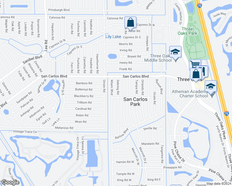 map of restaurants, bars, coffee shops, grocery stores, and more near 18536 Sebring Road in Fort Myers