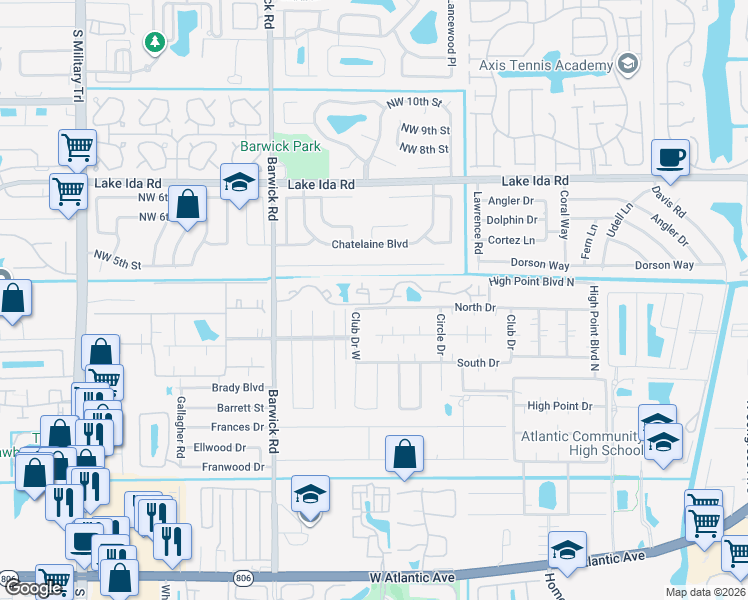 map of restaurants, bars, coffee shops, grocery stores, and more near 4005 Village Drive in Delray Beach