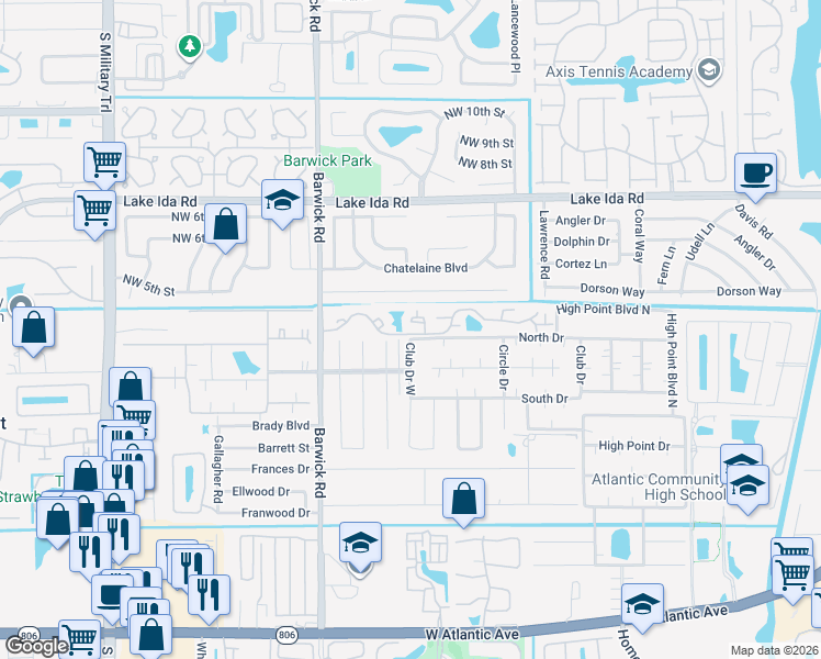 map of restaurants, bars, coffee shops, grocery stores, and more near 4085 Village Drive in Delray Beach