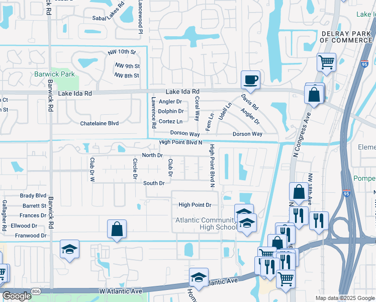 map of restaurants, bars, coffee shops, grocery stores, and more near 870 High Point Boulevard North in Delray Beach