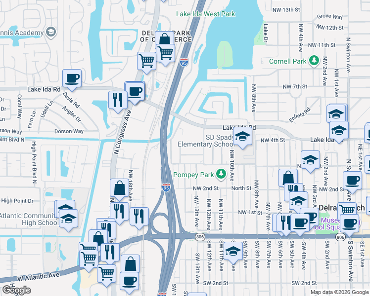 map of restaurants, bars, coffee shops, grocery stores, and more near 1328 Lee Street in Delray Beach