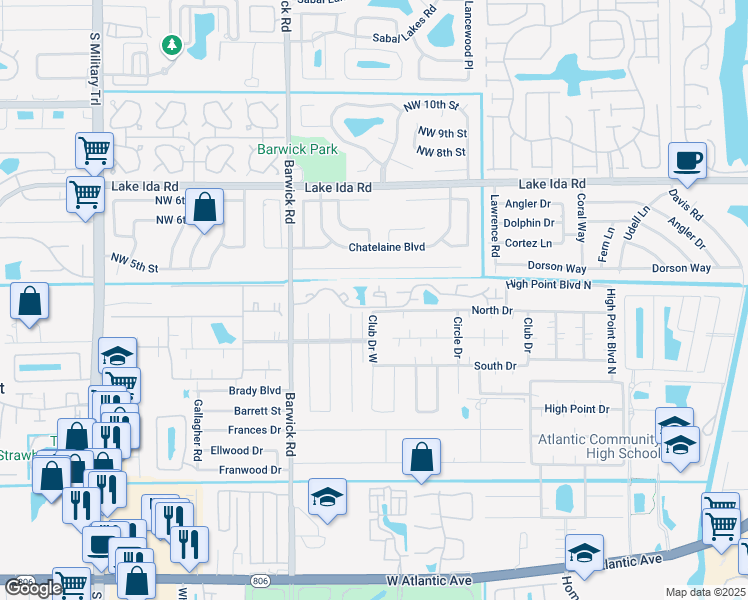 map of restaurants, bars, coffee shops, grocery stores, and more near 4065 Village Drive in Delray Beach
