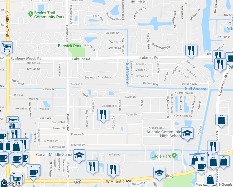 map of restaurants, bars, coffee shops, grocery stores, and more near 3755 Village Drive in Delray Beach