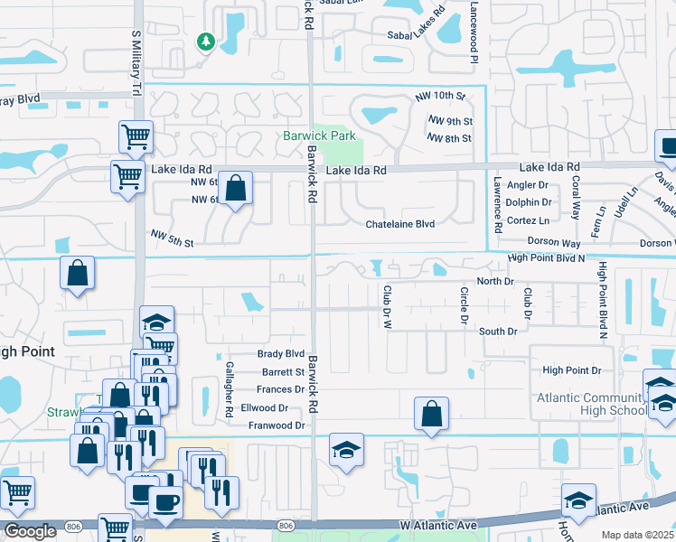 map of restaurants, bars, coffee shops, grocery stores, and more near 4355 Village Drive in Delray Beach
