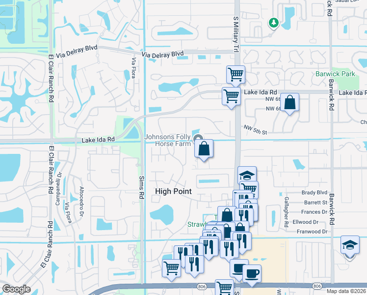 map of restaurants, bars, coffee shops, grocery stores, and more near 14052 52nd Avenue South in Delray Beach