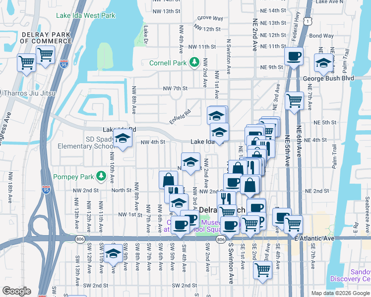map of restaurants, bars, coffee shops, grocery stores, and more near 354 Lake Ida Road in Delray Beach