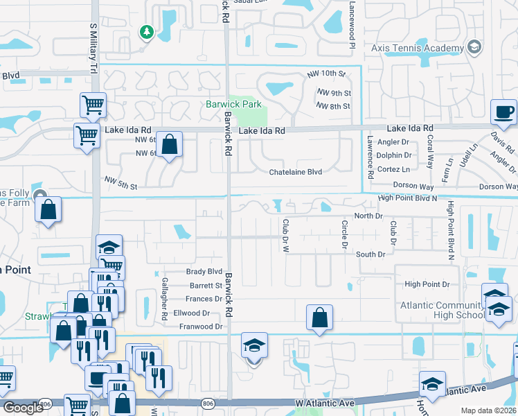 map of restaurants, bars, coffee shops, grocery stores, and more near 4205 Village Drive in Delray Beach