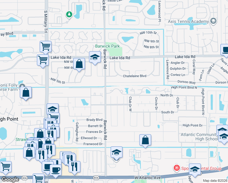map of restaurants, bars, coffee shops, grocery stores, and more near 4355 Village Drive in Delray Beach