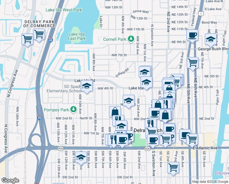 map of restaurants, bars, coffee shops, grocery stores, and more near 580 Northwest 4th Street in Delray Beach