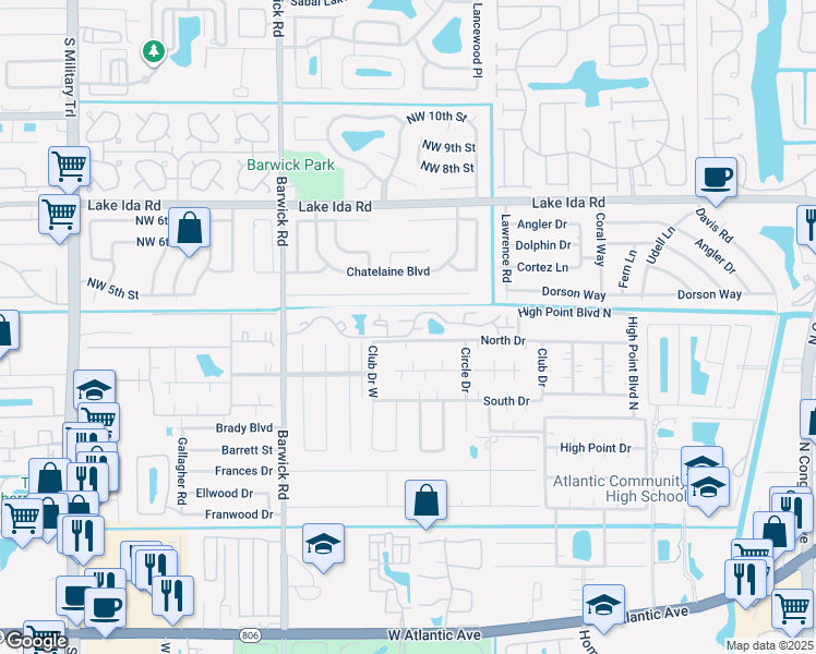 map of restaurants, bars, coffee shops, grocery stores, and more near 3900 Village Drive in Delray Beach