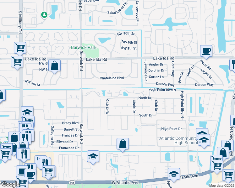 map of restaurants, bars, coffee shops, grocery stores, and more near 3955 Village Drive in Delray Beach