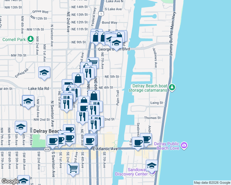 map of restaurants, bars, coffee shops, grocery stores, and more near 904 Northeast 4th Street in Delray Beach