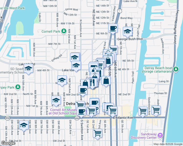 map of restaurants, bars, coffee shops, grocery stores, and more near in Delray Beach