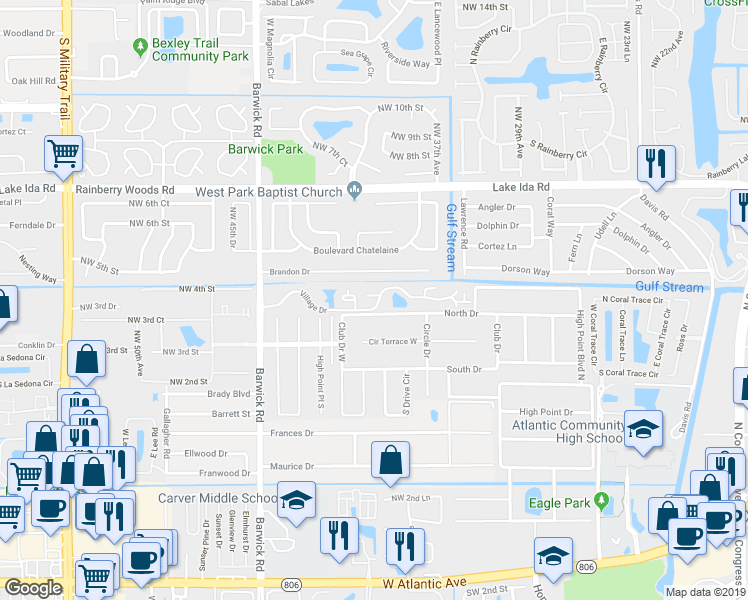 map of restaurants, bars, coffee shops, grocery stores, and more near 3900 Village Drive in Delray Beach