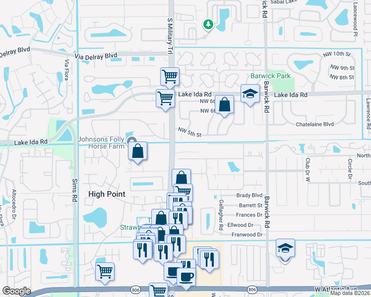 map of restaurants, bars, coffee shops, grocery stores, and more near 4585 Northwest 3rd Drive in Delray Beach
