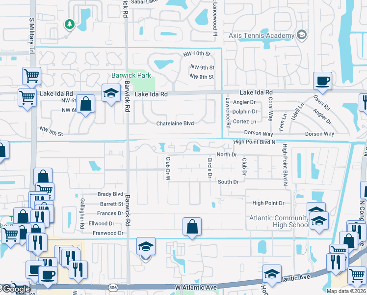 map of restaurants, bars, coffee shops, grocery stores, and more near 3955 Village Drive in Delray Beach