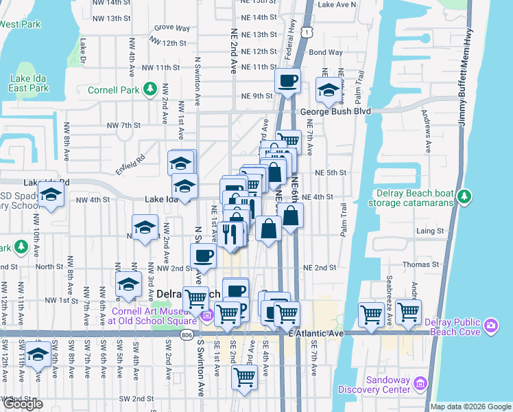 map of restaurants, bars, coffee shops, grocery stores, and more near 387 Northeast 3rd Avenue in Delray Beach
