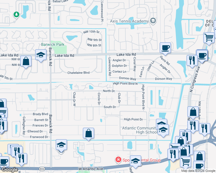 map of restaurants, bars, coffee shops, grocery stores, and more near 3680 Village Drive in Delray Beach