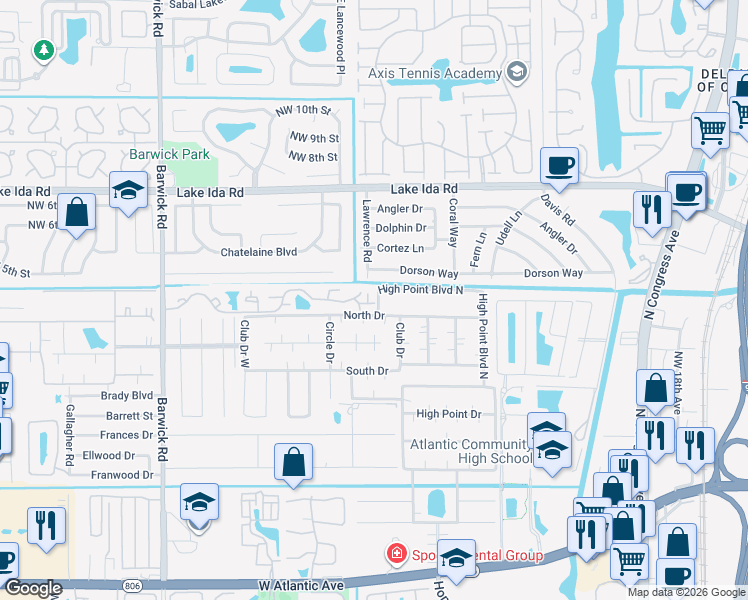 map of restaurants, bars, coffee shops, grocery stores, and more near 3650 Village Drive in Delray Beach