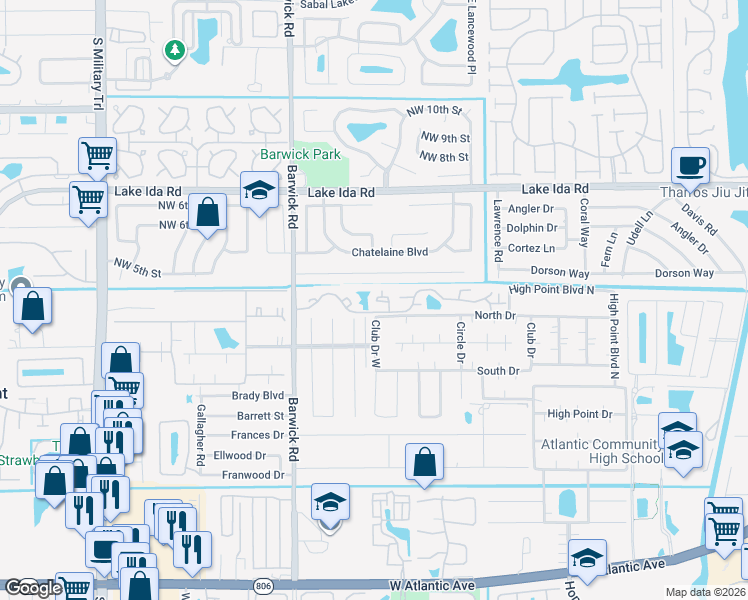 map of restaurants, bars, coffee shops, grocery stores, and more near 4075 Village Drive in Delray Beach