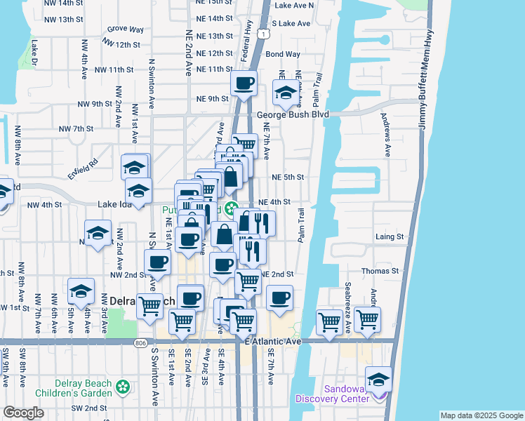 map of restaurants, bars, coffee shops, grocery stores, and more near 395 Northeast 6th Avenue in Delray Beach