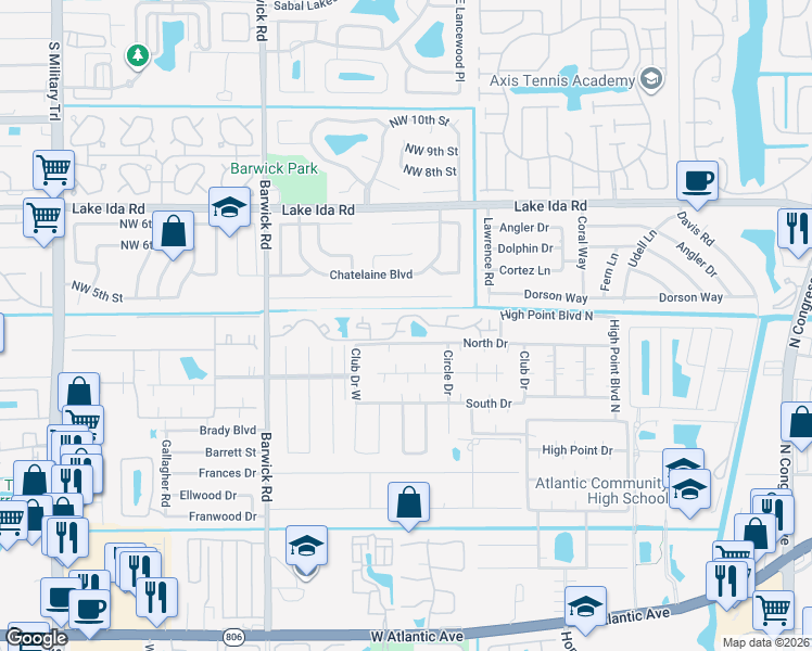 map of restaurants, bars, coffee shops, grocery stores, and more near 3900 Village Drive in Delray Beach