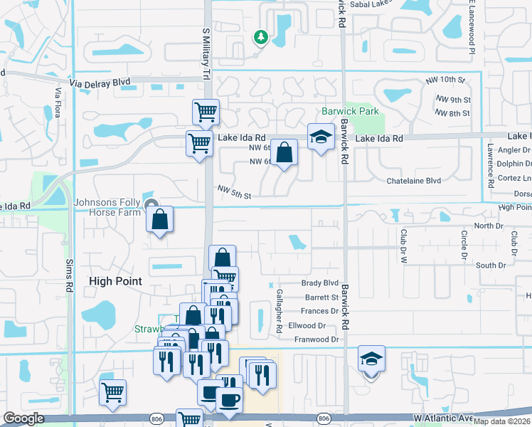 map of restaurants, bars, coffee shops, grocery stores, and more near 4850 Northwest 4th Street in Delray Beach